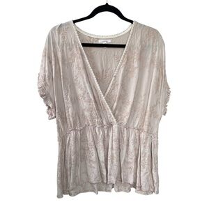 MAURICES Floral Embroidered Short Sleeve Peplum Wrap Blouse Ballet Pink TanXXL